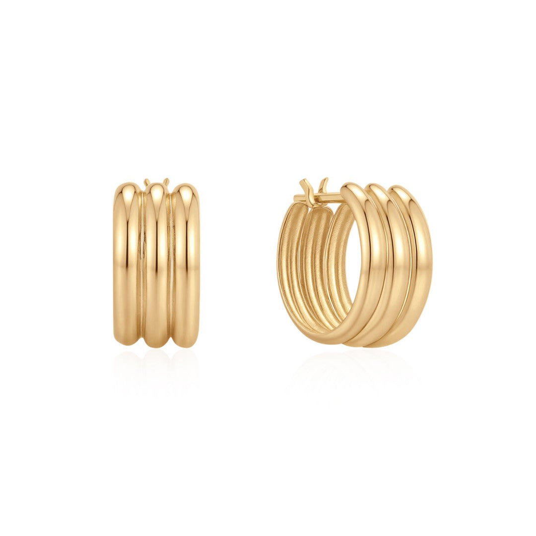 14K/18K Gold Triple-Band Huggie Hoop Earrings – 10mm