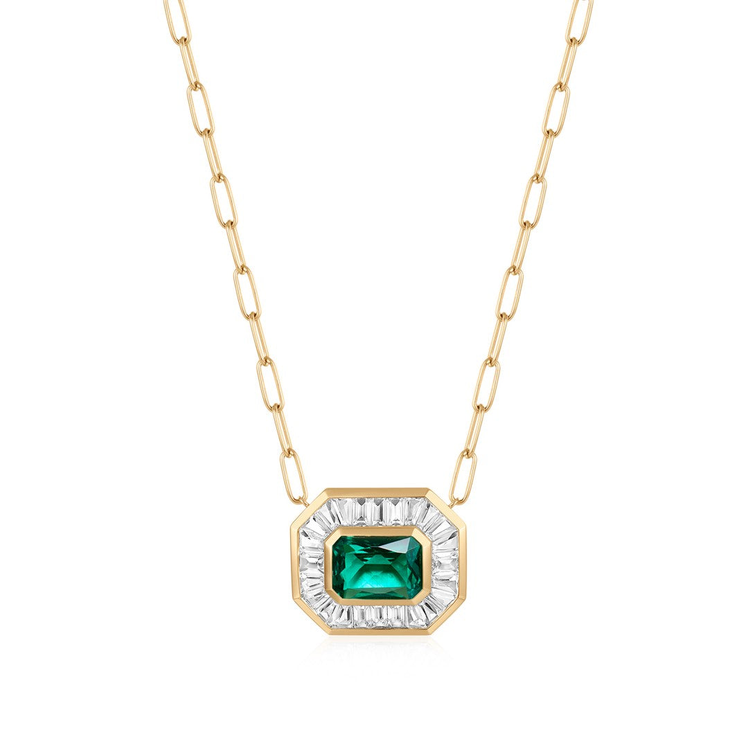 Emerald Halo Baguette Necklace