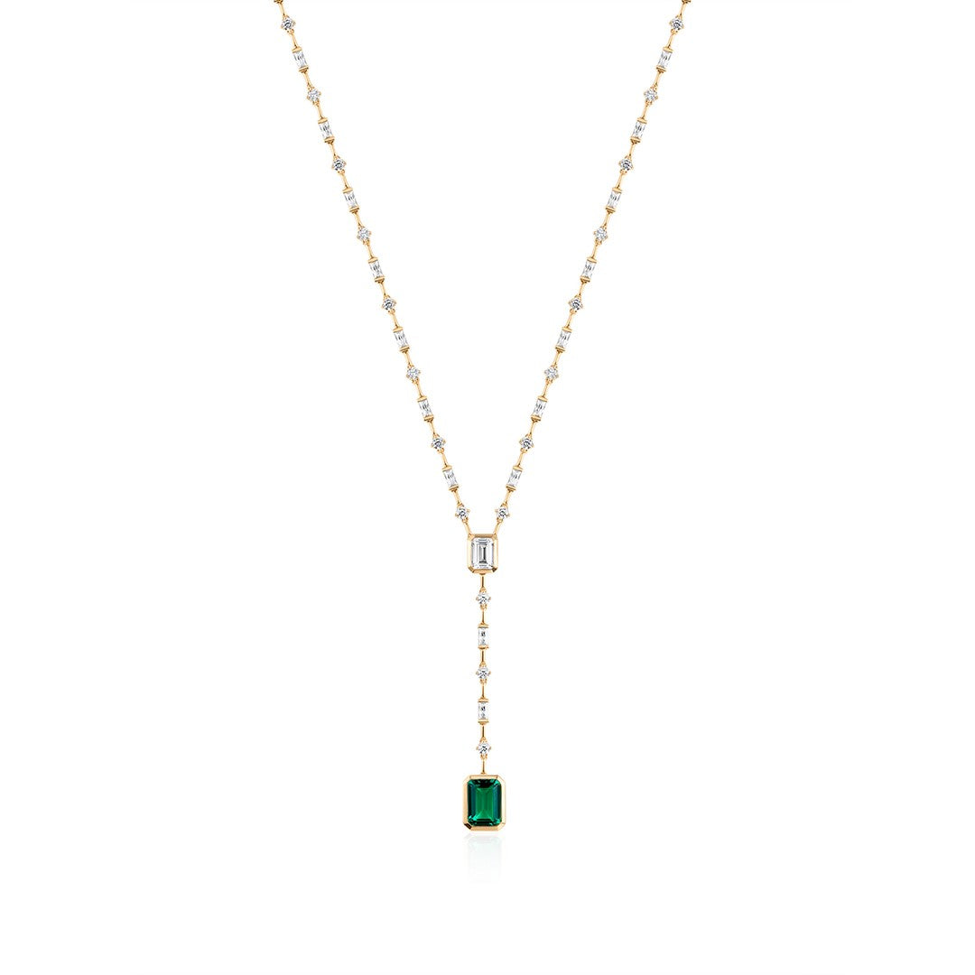 Emerald-Cut Lab Diamond & Green Emerald Lariat Necklace