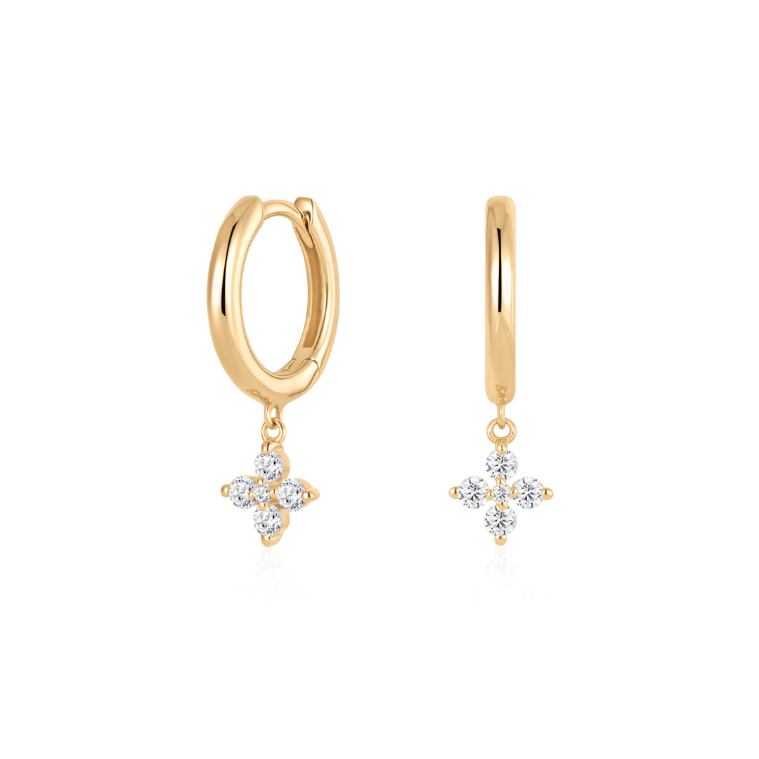 Gold Huggie Earrings with Lab-Grown Diamond Clover Drops