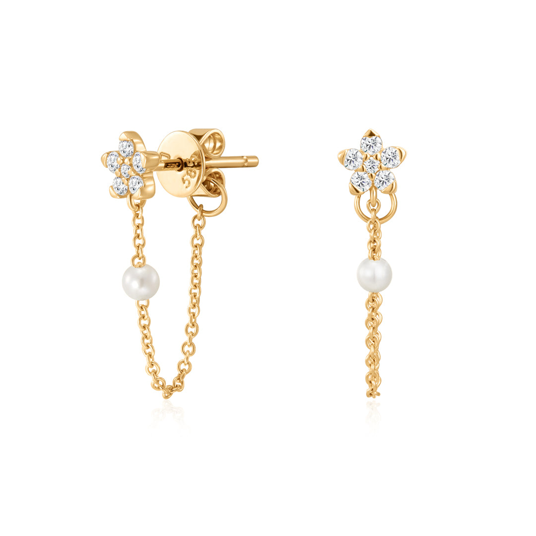 Gold Floral Lab-Grown Diamond Earrings with Pearl Chain Drops