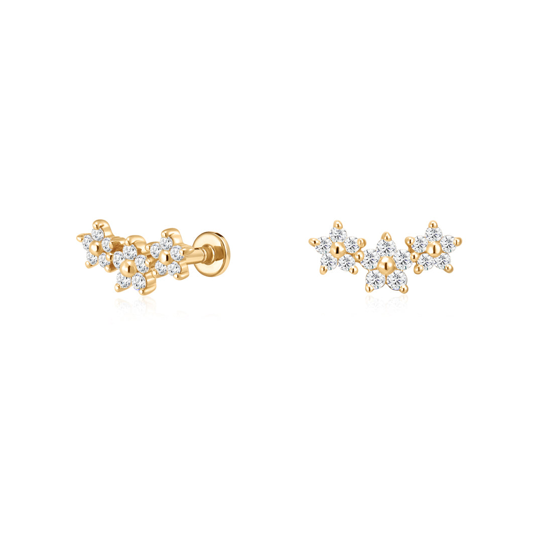 Gold Lab-Grown Diamond Triple Flower Flat Back Stud