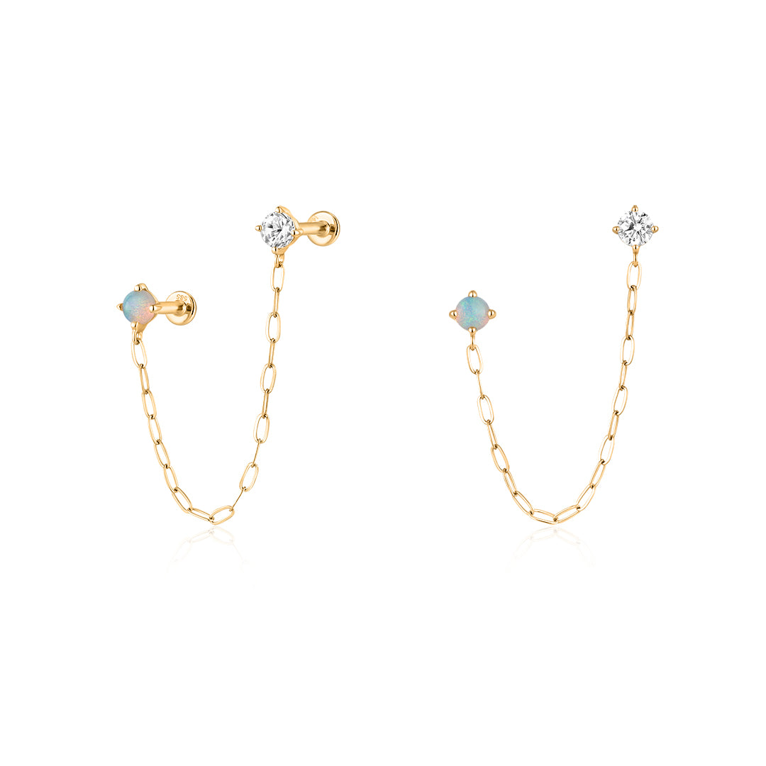 Lab-Grown Diamond & Opal Double-Piercing Chain Earrings