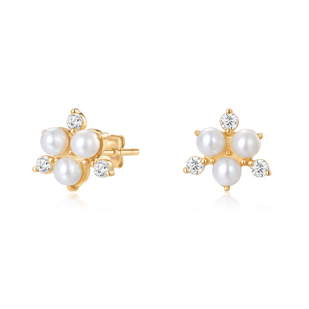 Natural Diamond Pearl Flower Stud Earrings