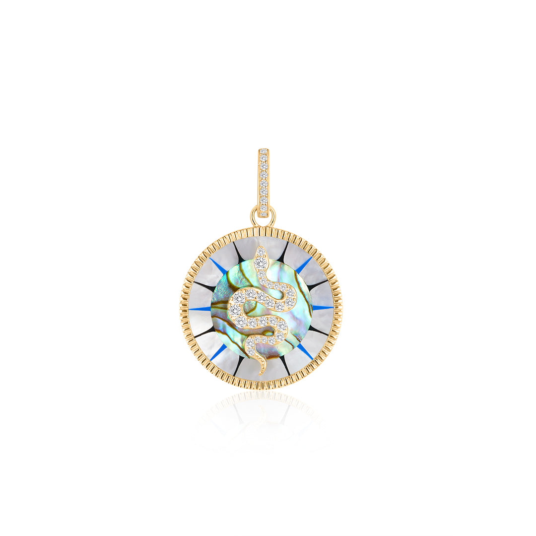 Lab-Grown Diamond Snake Abalone Shell Round Pendant Charm