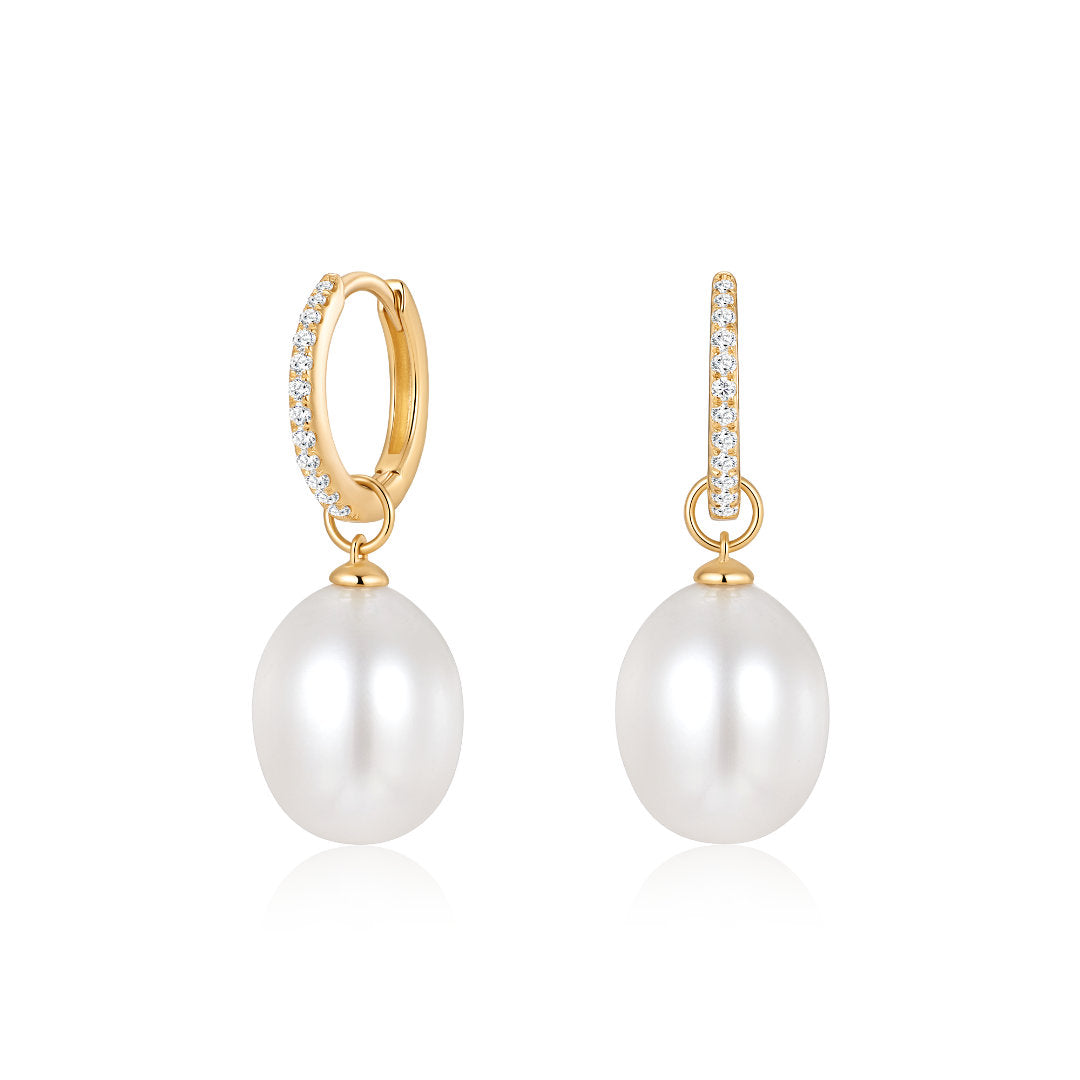 Pearl Drop Huggie Earrings with Lab-Grown Diamonds