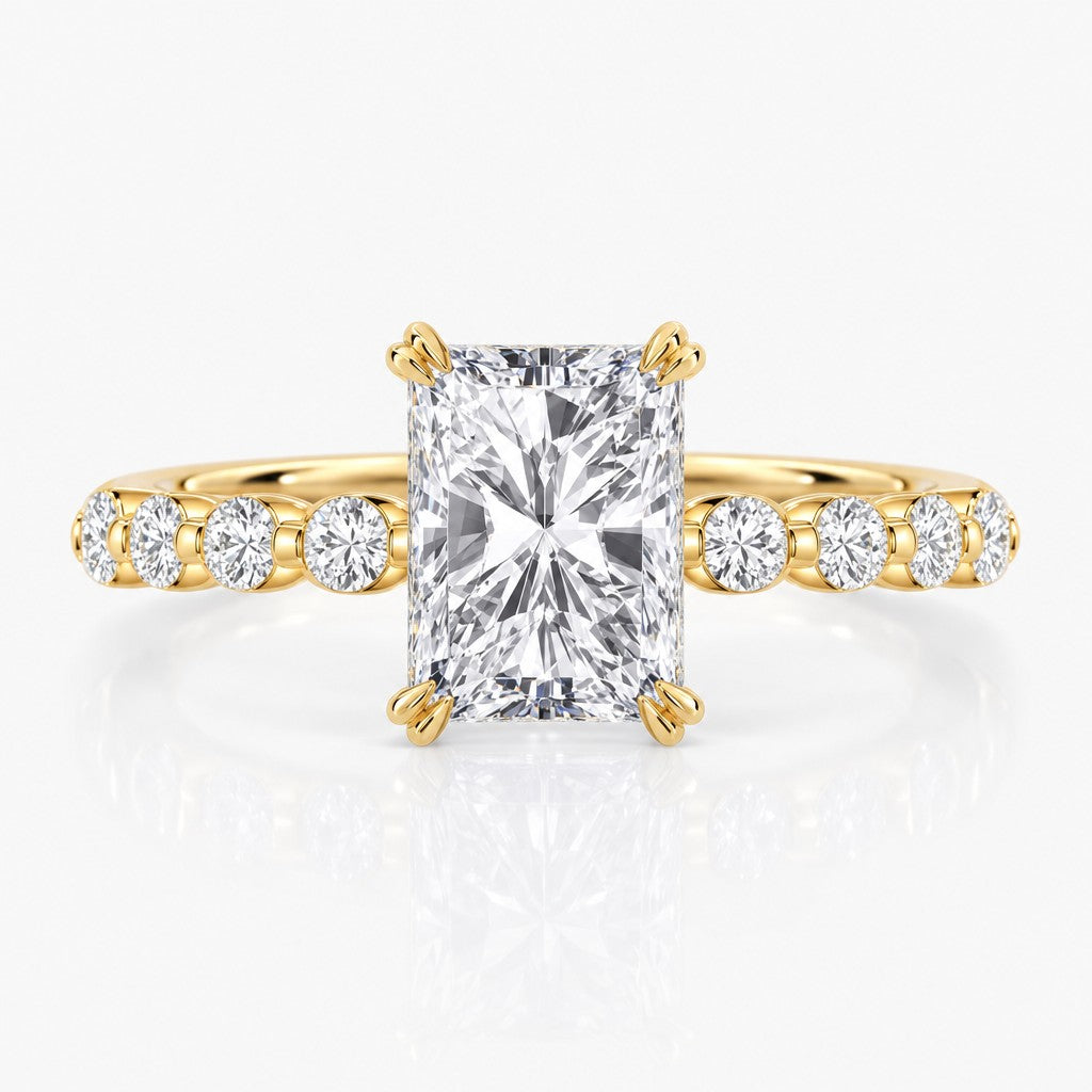 Double Claw-Prong Hidden Halo Ring Setting with Shared-Prong Diamond Shank