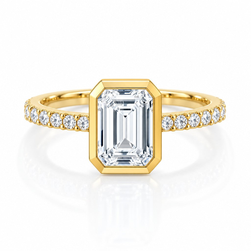 Emerald-Cut Bezel Ring Setting with Half-Pave Diamond Shank